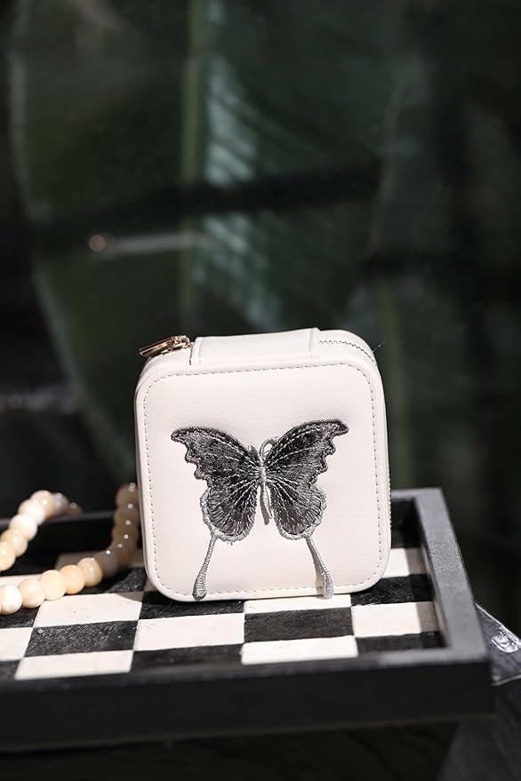 S.Leaf Travel Jewelry Organizer Boxes for Women Small Portable Necklace Earrings Bracelet Rings Travel Case Best Friend Birthday Gifts for Women Trendy (Butterfly_Beige_Gray)