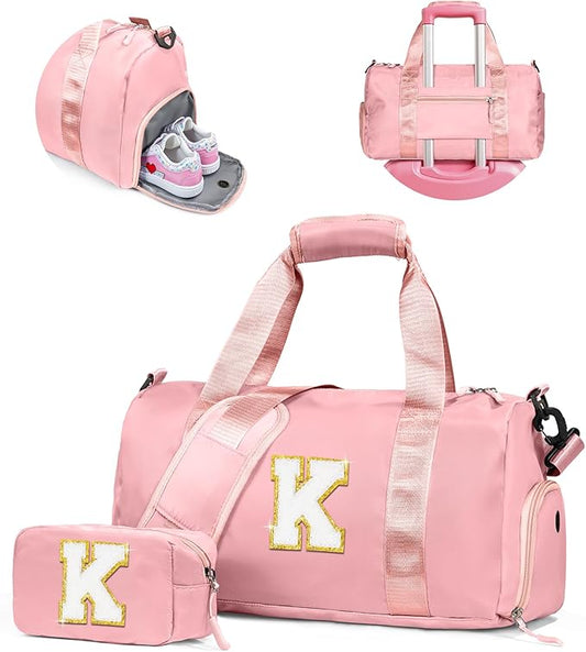 Girls Cheer Up Gifts-Girl Gym Bag with Shoe Compartment, Kid Personalized Weekender Overnight Bags, Initial Travel Tote with Makeup Pouch, Graduation Gift for Niece Kids Daughter (Letter K)