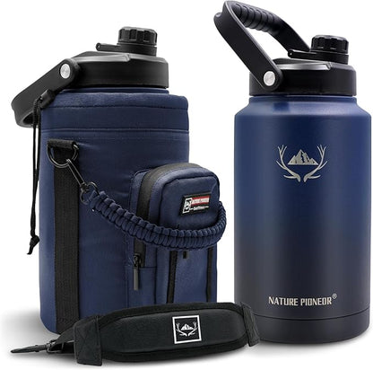 NATURE PIONEOR One Gallon Water Bottle Insulated - Large Double Vacuum Stainless Steel 128 oz Water Bottle with Holder/Carrier, 1 Gallon Water Jug,128oz, Wide Mouth