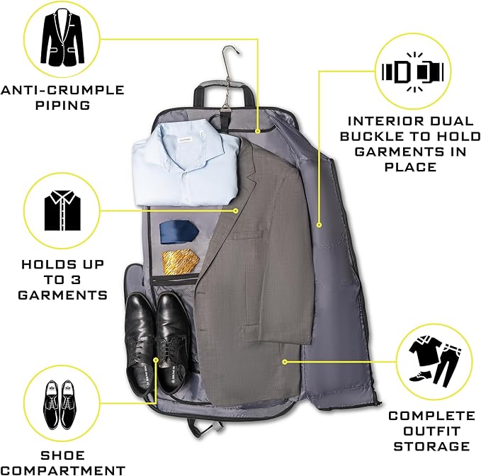 Premium Suit Garment Bag Carry On - Hangs 4 Suits - Travel & Business with Shoulder Strap and Laptop Compartment