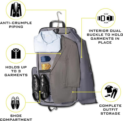 Premium Suit Garment Bag Carry On - Hangs 4 Suits - Travel & Business with Shoulder Strap and Laptop Compartment