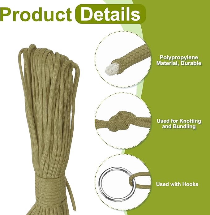 uxcell 4mm Nylon Rope, 10ft Portable Clothesline for Luggage and Backpack Tie Downs, Hanging Clothes, Swings, Camping and Mountaineering Tie Downs, Khaki