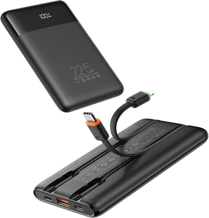 VEGER Portable Charger with Built in Cables, Slim 10000mAh PD 22.5W Fast Charging USB C Power Bank, 4 Outputs 3 Inputs Battery Pack Compatible with iPhone 16 15 14 13 Samsung iPad - Travel Essential
