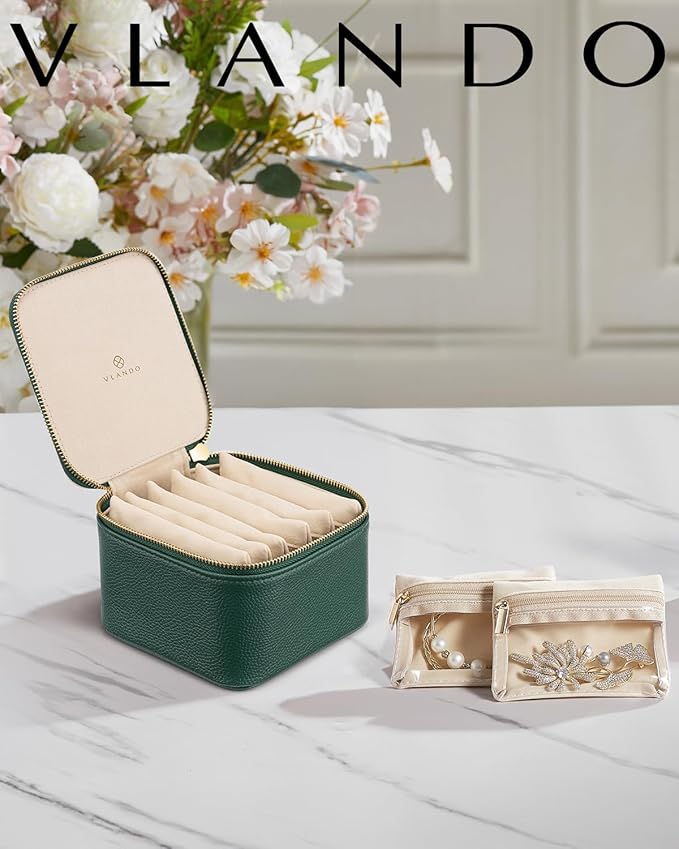 Vlando Gifts for Teachers,Travel Jewelry Box with 6 Velvet Jewelry Zipper Pockets Jewelry Case Premium Petal Hardware Travel Jewelry Organizer Graduation Gifts (Green)