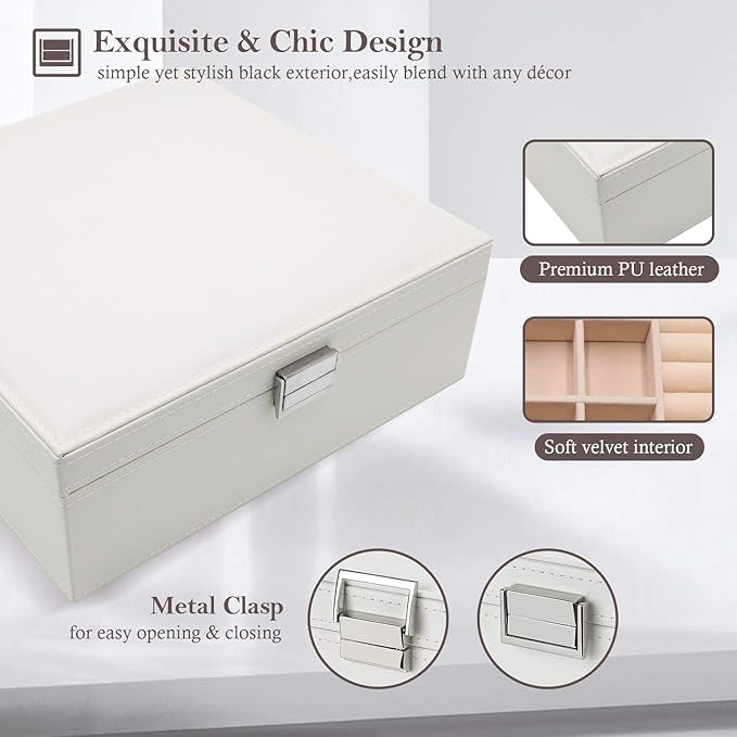 ProCase Jewelry Box for Women, 2 Layers Large Leather Jewelry Organizer Storage Case with Removable Pad for Earrings -White
