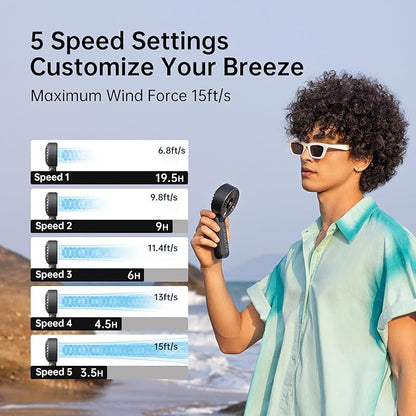 JISULIFE Handheld Fan Life7 – Ultimate Flexibility: High-Power Motor, LED Display, 19.5 Hrs Cooling, 5000mAh Rechargeable, 5-Speed, Foldable Design, 3-IN-1 Portable Fan for Travel Cruise Beach(Black)