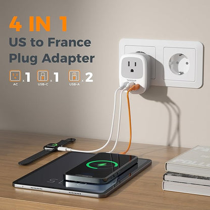 2 Pack Type E F Plug Adapter, TESSAN South Korea Outlet Adapter with 3 USB Ports (1 USB C), Schuko Travel Plug for US to Europe EU Spain Germany France Iceland Greece Russia Norway