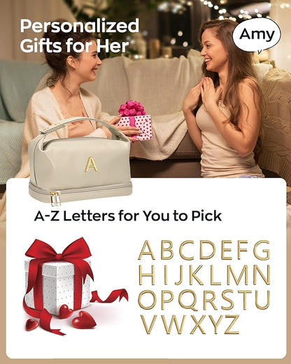 Personalized Makeup Bag with Handle, Initial Double Layer Cosmetic Bag with Makeup Brush Organizer,Gifts for Friends Female Mom