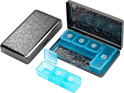 Pill Organizer, Pill Box 7 Day/Metal Travel Pill Case, BPA Free. (Black)