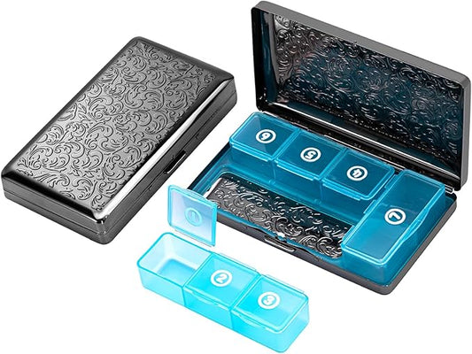 Pill Organizer, Pill Box 7 Day/Metal Travel Pill Case, BPA Free. (Black)