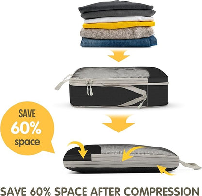 Compression Packing Cubes 8 Set, Dual Zipper Compression Packing Cubes for Travel, See-Through Mesh Packing Bags for Suitcases, packing cubes with shoe bag (Black)