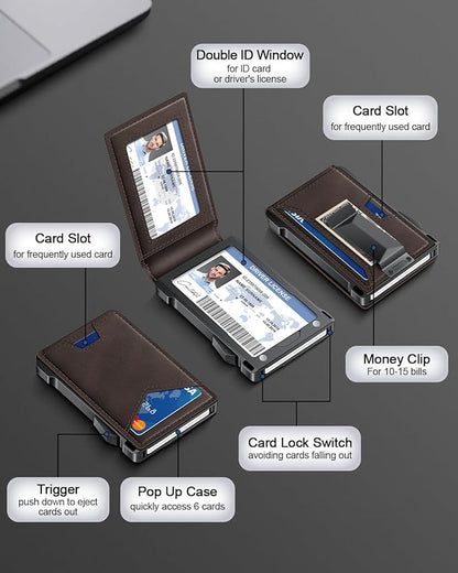 Wallet for Men RFID Wallet with 2 ID Windows & Money Clip, Slim Pop Up Card Holder for 10-12 Cards, Bifold Minimalist Smart Wallet for Front Pocket, Compact Metal Credit Card Holder, Gifts for Men