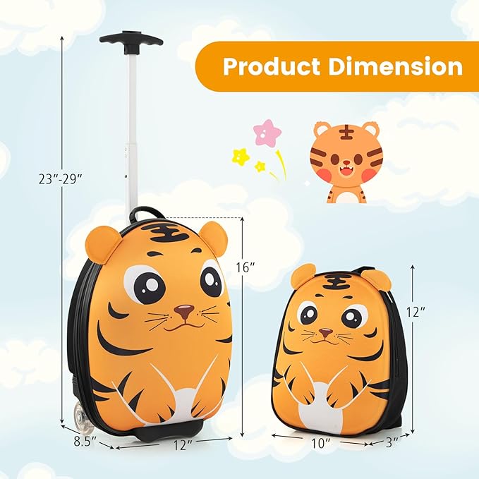 Goplus 2PC Kids Carry On Luggage Set, 16" Rolling Suitcase & 12" Backpack, Airline Approved Travel Trolley Luggage with Wheels for Toddlers Children Girls Boys (Tiger)