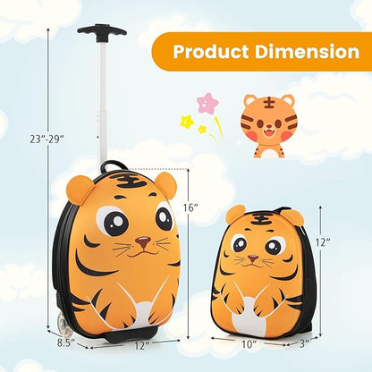 Goplus 2PC Kids Carry On Luggage Set, 16" Rolling Suitcase & 12" Backpack, Airline Approved Travel Trolley Luggage with Wheels for Toddlers Children Girls Boys (Tiger)