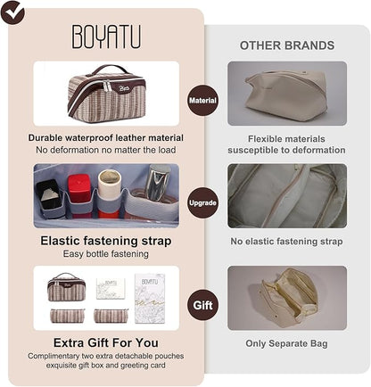 BOYATU Travel Makeup Bag for Women: Large Capacity Open Flat Make up Bag Set of 3 - Vegan Leather Cosmetic Bag with Compartments - Waterproof Toiletry Bag with Handle & Divider(I-5-Brown)