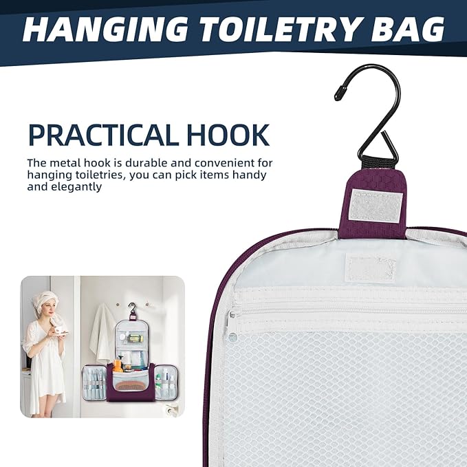 Buruis Large Toiletry Bag for Women and Men, Hanging Travel Bag for Makeup, Cosmetics, Shaving, Toiletries, Water-Resistant Dopp Kit for Gym, Camping, or Daily Use, Purple