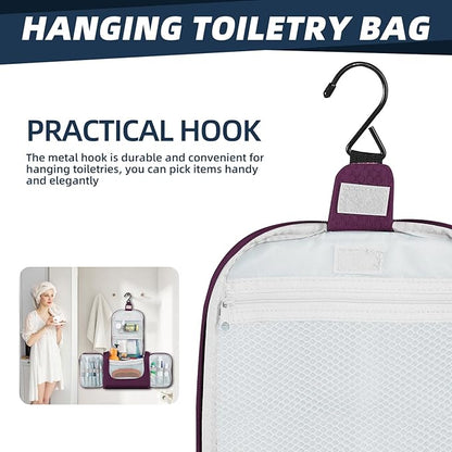 Buruis Large Toiletry Bag for Women and Men, Hanging Travel Bag for Makeup, Cosmetics, Shaving, Toiletries, Water-Resistant Dopp Kit for Gym, Camping, or Daily Use, Purple