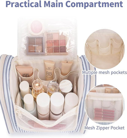 Narwey Striped Hanging Travel Toiletry Bag for Women, Travel Bag for Toiletries, Makeup Bag Organizer Cosmetic Bags Make Up Bags for Women (Greyish Blue Stripe)