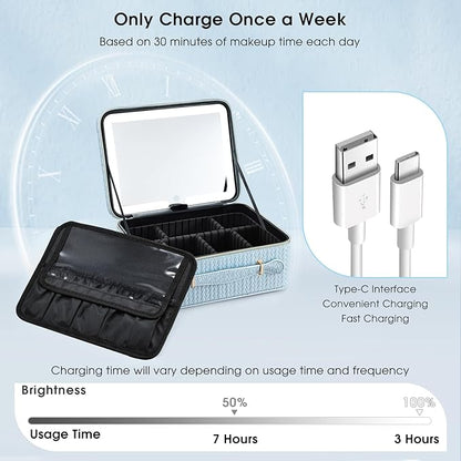 Leather Makeup Case with LED Lighted Mirror 11.4 Inch Travel Makeup Bag Adjustable Brightness in 3 Colors Cosmetic Organizer Artist Storage Bag with Dividers Brush Holder Bag Vanity Shiny Blue