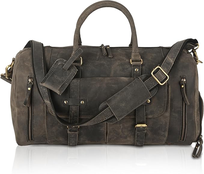 KomalC Leather Travel Duffel Bags for Men and Women Full Grain Leather Overnight Weekend Leather Bags Sports Gym Duffle