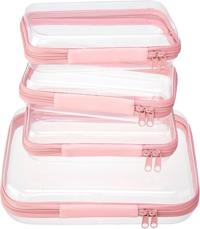 4 pcs Clear Zipper Pouches,Hard Shell Zipper Case, Toiletry Bag for Travel, CLear Diaper Bag, Toiletry Pouch, Travel Organizer, Clear Cosmetic Bag,Toy Storage Bins (M+3S) (Light Pink)