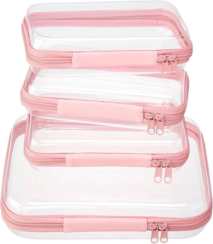 4 pcs Clear Zipper Pouches,Hard Shell Zipper Case, Toiletry Bag for Travel, CLear Diaper Bag, Toiletry Pouch, Travel Organizer, Clear Cosmetic Bag,Toy Storage Bins (M+3S) (Light Pink)