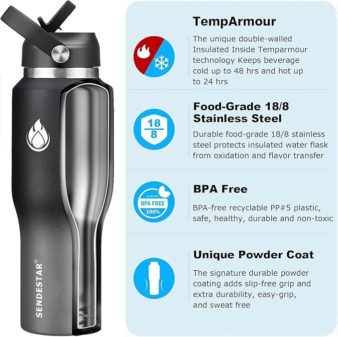 32oz Stainless Steel Water Bottle (Cold for 48 Hrs, Hot for 24 Hrs),Double Wall Vacuum Insulated Bottle with Straw Lid, Spout Lid and Flex Cap, Fit in Any Car Cup Holder