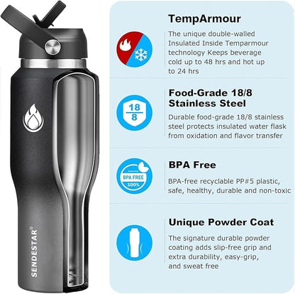 32oz Stainless Steel Water Bottle (Cold for 48 Hrs, Hot for 24 Hrs),Double Wall Vacuum Insulated Bottle with Straw Lid, Spout Lid and Flex Cap, Fit in Any Car Cup Holder