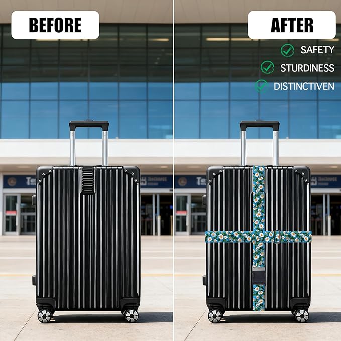 Nuxovilar Luggage Straps of 2 Set White Daisies on Blue Background Pattern, Durable Material 1.96 * 70.86 Inches for Suitcases, Travel Gear for 22-28 Inch Luggage, Perfect for Spring Trips