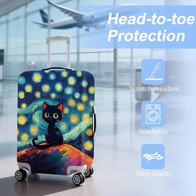 ANNA QUEEN Cut Black Cat Luggage Cover Washable Suitcase Protector Suitcase Cover Anti-Scratch,Stretchable Fit for 18-32Inch Luggage,Travel Bag Cover L(fits 26-28Inch suitcase)