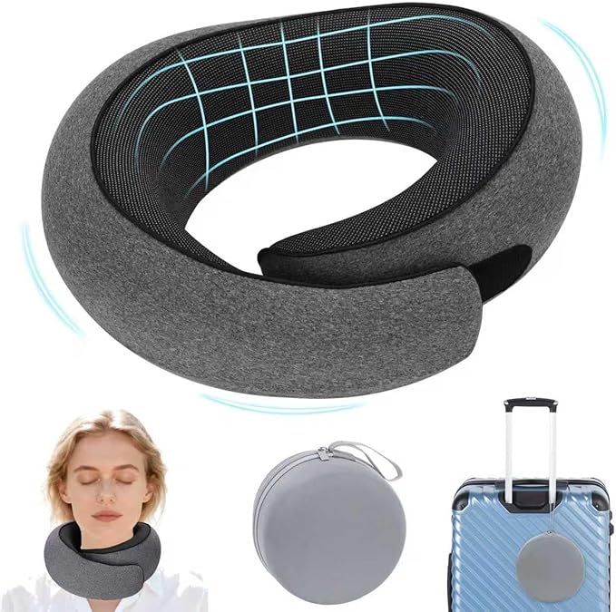Travel Pillow for Airplane, Neck Pillow 100% Memory Foam with Comfortable Support for Long Flights, Cars, Trains Office & Home with Storage Box(Grey)