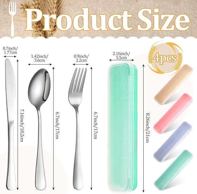 Yinkin 4 Pack Portable Travel Utensils Set with Case Reusable Stainless Steel Silverware Flatware Camping Cutlery Include Fork Spoon Knife for Work School Dishwasher Safe(Blue, Beige, Green, Pink)