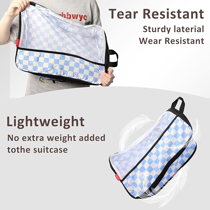 U+U 6 Set Compression Packing Cubes - Ultralight Travel Organizers with Laundry Bag, Space-Saving Suitcase Organizer for Travel, Business Trip and Family Vacation (Blue Checkered)