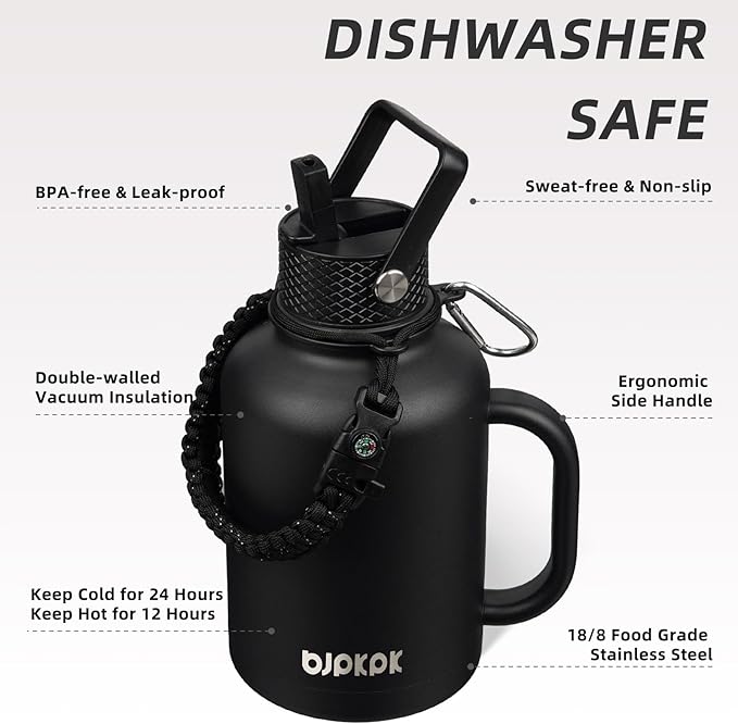 BJPKPK Large Insulated Water Bottles with Straw Lid & Handle, 50oz, 64oz, 87oz, 128oz Water Bottle with 3 Lids and Paracord Strap, Stainless Steel Metal Water Bottle, Insulated Water Jug, Black