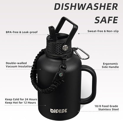 BJPKPK Large Insulated Water Bottles with Straw Lid & Handle, 50oz, 64oz, 87oz, 128oz Water Bottle with 3 Lids and Paracord Strap, Stainless Steel Metal Water Bottle, Insulated Water Jug, Black