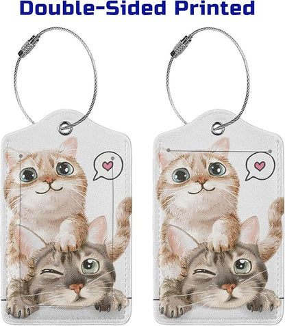 Set of 2 Cute Cats Luggage Tags for Suitcases Bag Tag with Full Back Privacy Suitcase Labels Identifiers, Funny Animals Pattern PU Leather Backpack Name Tags for Women Girls Teen Kids Boys Travel