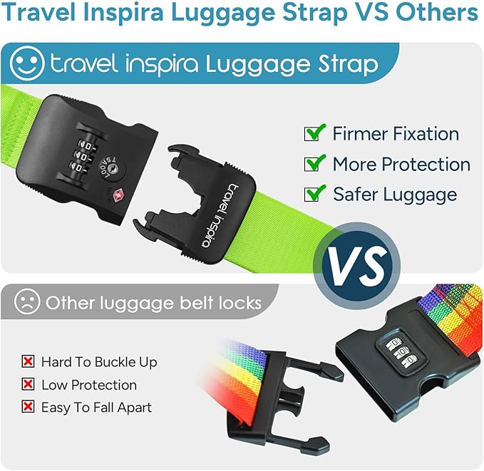 Luggage Straps with TSA Lock, Travel Belt for Luggage, TSA Approved Luggage Straps, 3-Dial Combination Locks Adjustable Suitcase Belt, Quick-Release Buckle (Green), 2 Pack