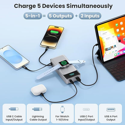 5-in-1 Portable Charger for iPhone,40800mAh Power Bank Built-in Retractable Cable and iWatch Charger,25W PD QC4.0 Fast Charging Battery Pack,Travel Essential Phone Charger for iPhone 17/16/15,Android