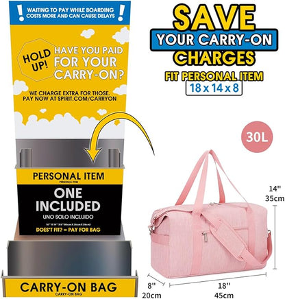 Narwey Weekender Bag for Women - Overnight Travel Duffel, Hospital, Spirit Airlines Personal Item 18x14x8, Carry-on Underseat With Wet Pocket, Small Gym (Pink)