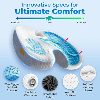 Seat Cushion, BodySync™ Technology with Non-Slip Gel & Memory Foam for Tailbone, Sciatica & Back Pain Relief, Office Chair Cushion, Car Seat Cushions for Driving (Light Grey)