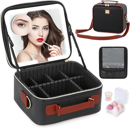 Travel Makeup Bag with Led Mirror Make up Case with Lighted Mirror Cosmetic Organizer bag with Adjustable Dividers and 5X Magnifying Mirror Makeup Box Vanity Case for Women