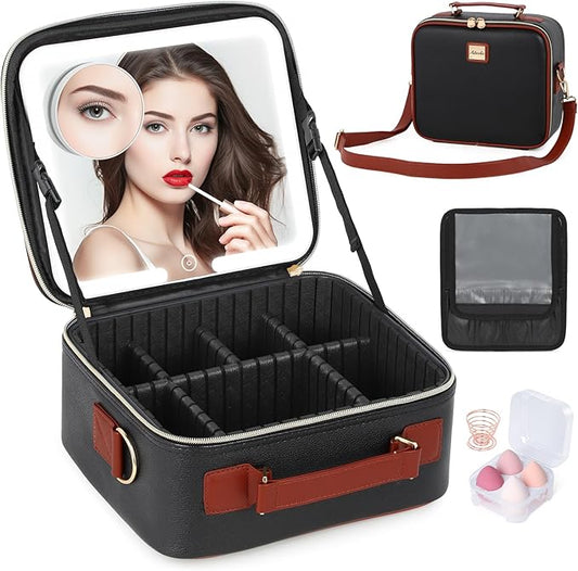 Travel Makeup Bag with Led Mirror Make up Case with Lighted Mirror Cosmetic Organizer bag with Adjustable Dividers and 5X Magnifying Mirror Makeup Box Vanity Case for Women