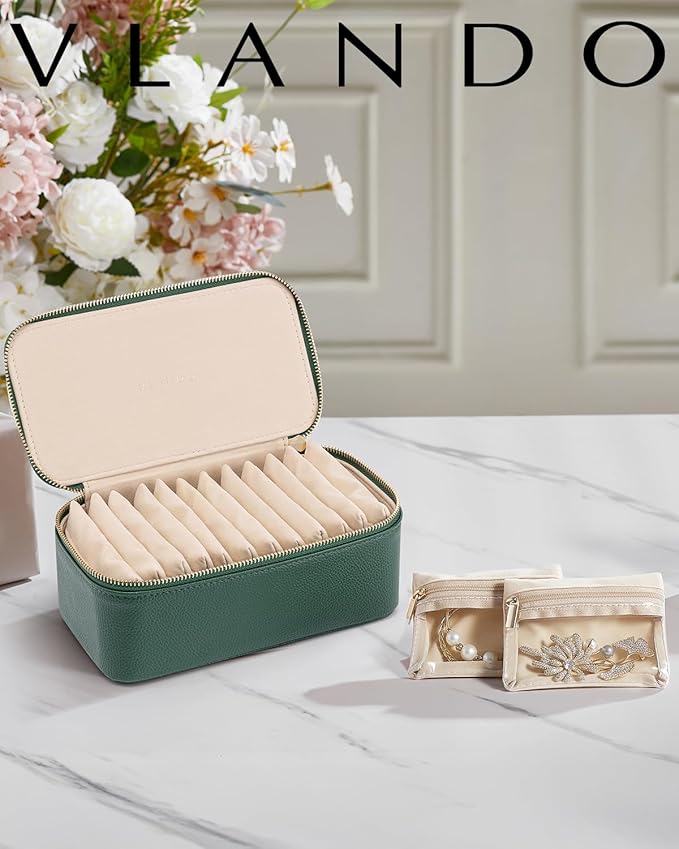 Vlando Gifts for Teachers,Jewelry Case with 12 Velvet Jewelry Bags Travel Jewelry Organzier for Travelers Necklace Rings Earrings Jewelry Bags Birthday Wedding Gifts (Green)