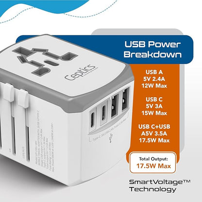 Ceptics Universal Travel Adapter 17.5W, 5 in 1 Universal Laptop Charger with 2X USB-A & USB-C 3.5A for Mobiles, Laptops, Cameras US, UK, EU, AU, All in 1 Type A, C, G, I Output, White