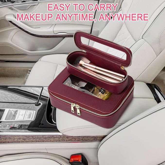 Pinkmik Travel Clear Makeup Bag with Brush Case TSA Approved Toiletry Bag Waterproof Cosmetic Organizer with Zipper Car Essential for Women (X/Burgundy, M+SLIM)