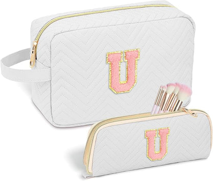 Personalized Initial Makeup Bag Trendy Stuff Leather Waterproof Cosmetic Bag Travel Toiletry Bag, Christmas/Thanksgiving/Halloween Gifts Makeup Organizer Case for Women Girls Mom Girlfriend Wife