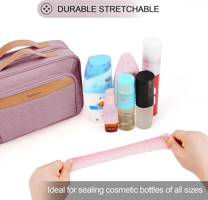 Travel Hanging Toiletry Bag for Women and Men, with 8 Leak Proofing Silicone Bottle Covers, Waterproof Makeup Accessories, Cosmetic Essentials, Toiletries Dopp Kit Set with Jewelry Organizer, Purple