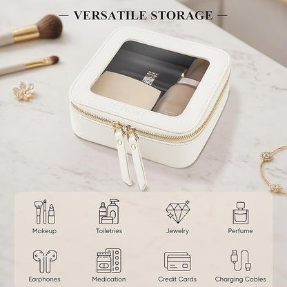 Clear Makeup Bag, Travel Toiletry Bag Cosmetic Case for Women, Waterproof Portable Small Make Up Skincare Pouch with Zipper, Compact Car Organizer Bag for Essentials, Mini Size, Ivory White