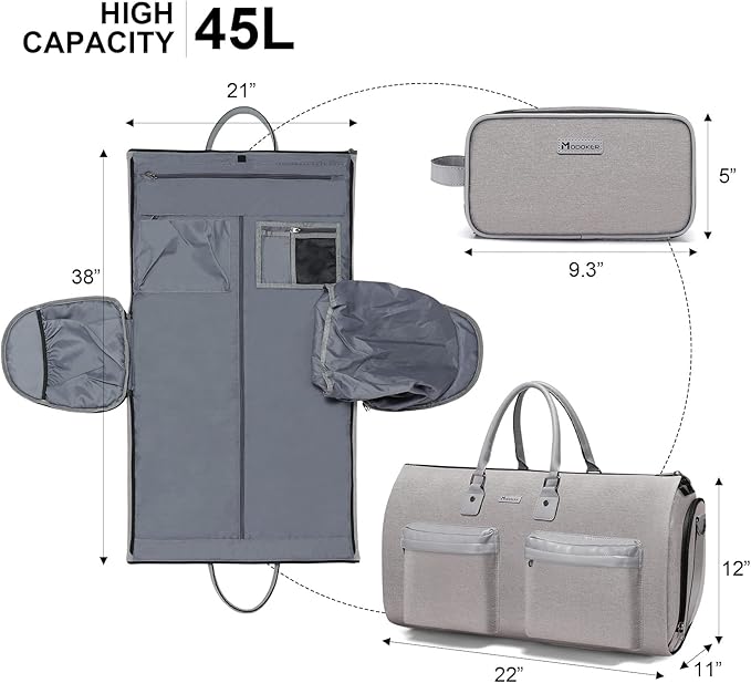 Convertible Garment Bag with Toiletry Bag, Modoker Carry on Garment Duffel Bag for Men Women - 2 in 1 Hanging Suitcase Suit Travel Bags, Light Grey