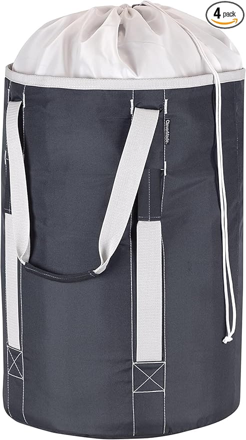 CleverMade Laundry Backpack Duffel Bag Tote with Shoulder Straps - Extra Large Capacity Clothes Hamper with Drawstring Top Closure Lid, Charcoal/Cream (Pack of 4)
